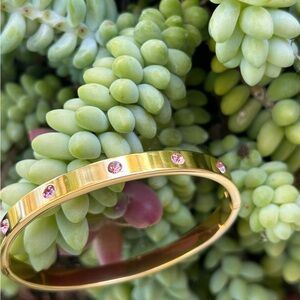 Gold Bangle Bracelet with Pink Gemstones - Women Jewelry